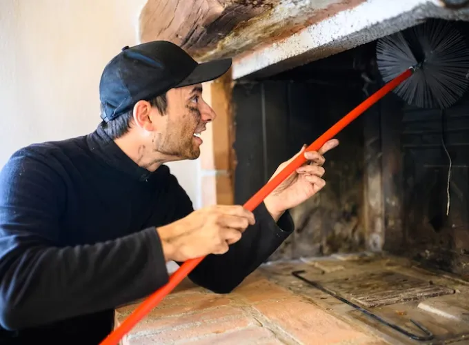 Técnico revisando la salida del cañón con un escobillón