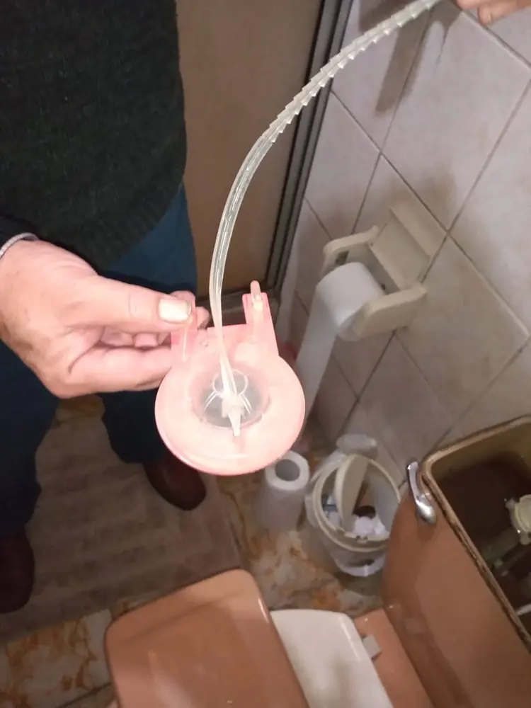 Válvula de descarga de un estanque de WC sostenida en la mano